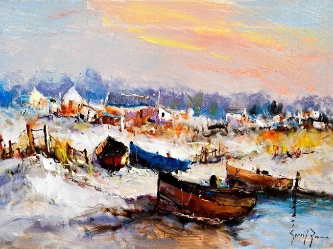 №0440„Sea coast with boats“. Μοναδικός πίνακας σε καμβά, με εντυπωσιακές χειροποίητες 3D πινελιές. Δημιουργείται αποκλειστικά για εσάς, κατόπιν παραγγελίας