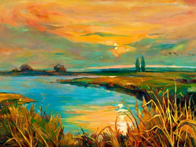 №0632 Sunrise over the lagoon. Μοναδικός πίνακας σε καμβά, με εντυπωσιακές χειροποίητες 3D πινελιές. Δημιουργείται αποκλειστικά για εσάς, κατόπιν παραγγελίας
