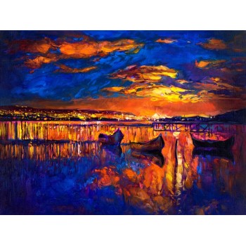 №0654 Sunset boats III. Μοναδικός πίνακας σε καμβά, με εντυπωσιακές χειροποίητες 3D πινελιές. Δημιουργείται αποκλειστικά για εσάς, κατόπιν παραγγελίας