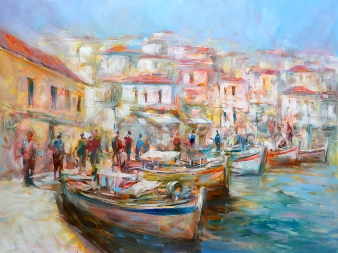 №0710 Fishing port. Μοναδικός πίνακας σε καμβά, με εντυπωσιακές χειροποίητες 3D πινελιές. Δημιουργείται αποκλειστικά για εσάς, κατόπιν παραγγελίας