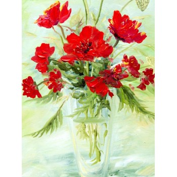 №0901,  Vase with red flowers. Μοναδικός πίνακας σε καμβά, με εντυπωσιακές χειροποίητες 3D πινελιές. Δημιουργείται αποκλειστικά για εσάς, κατόπιν παραγγελίας