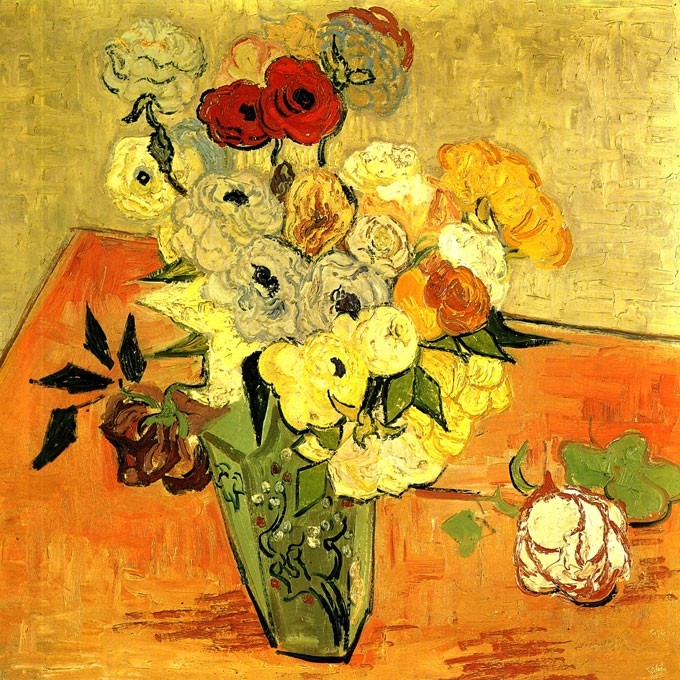№0947, "Japanese vase with roses", Van Goghг. Μοναδικός πίνακας σε καμβά, με εντυπωσιακές χειροποίητες 3D πινελιές. Δημιουργείται αποκλειστικά για εσάς, κατόπιν παραγγελίας