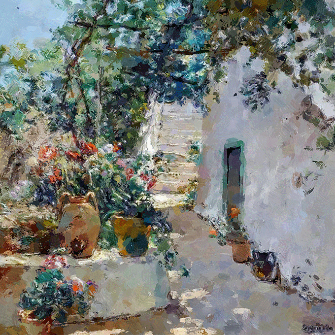 №1246, In front of the house, Carlo Perindani. Μοναδικός πίνακας σε καμβά, με εντυπωσιακές χειροποίητες 3D πινελιές. Δημιουργείται αποκλειστικά για εσάς, κατόπιν παραγγελίας