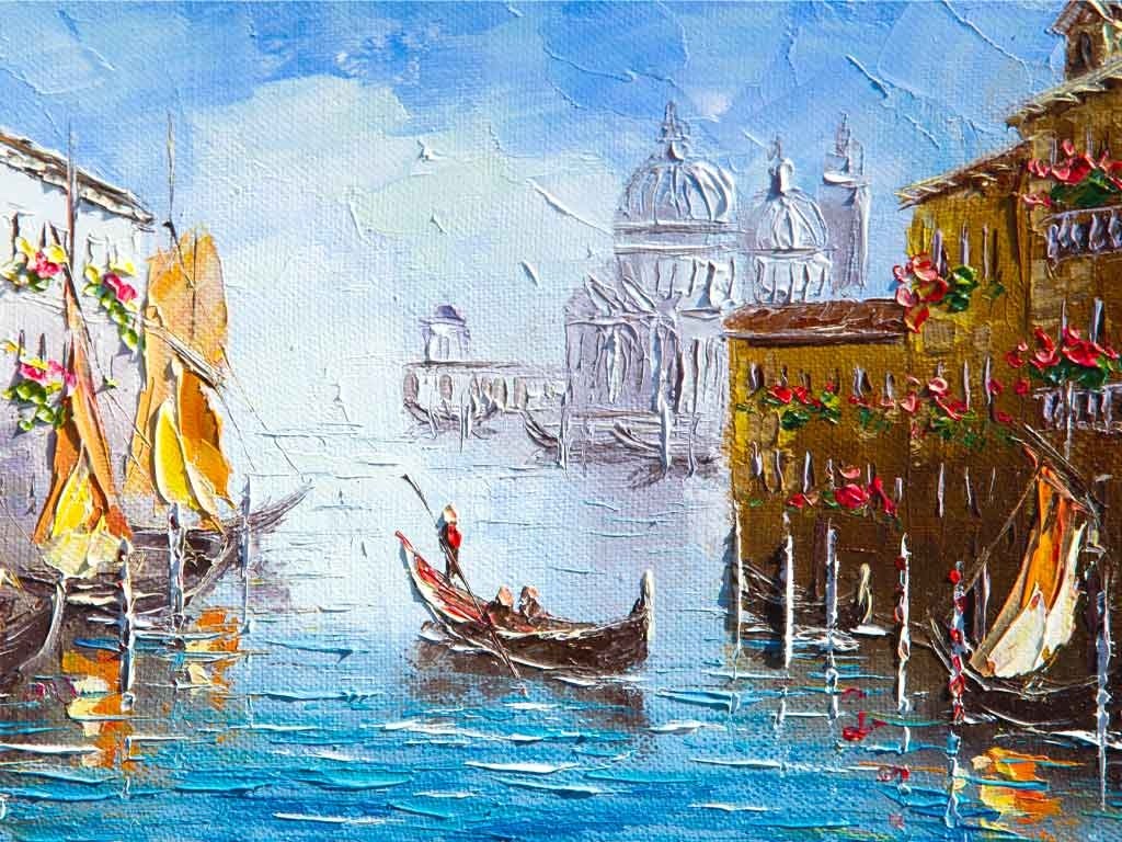 №1787,  Boats in town. Μοναδικός πίνακας σε καμβά, με εντυπωσιακές χειροποίητες 3D πινελιές. Δημιουργείται αποκλειστικά για εσάς, κατόπιν παραγγελίας