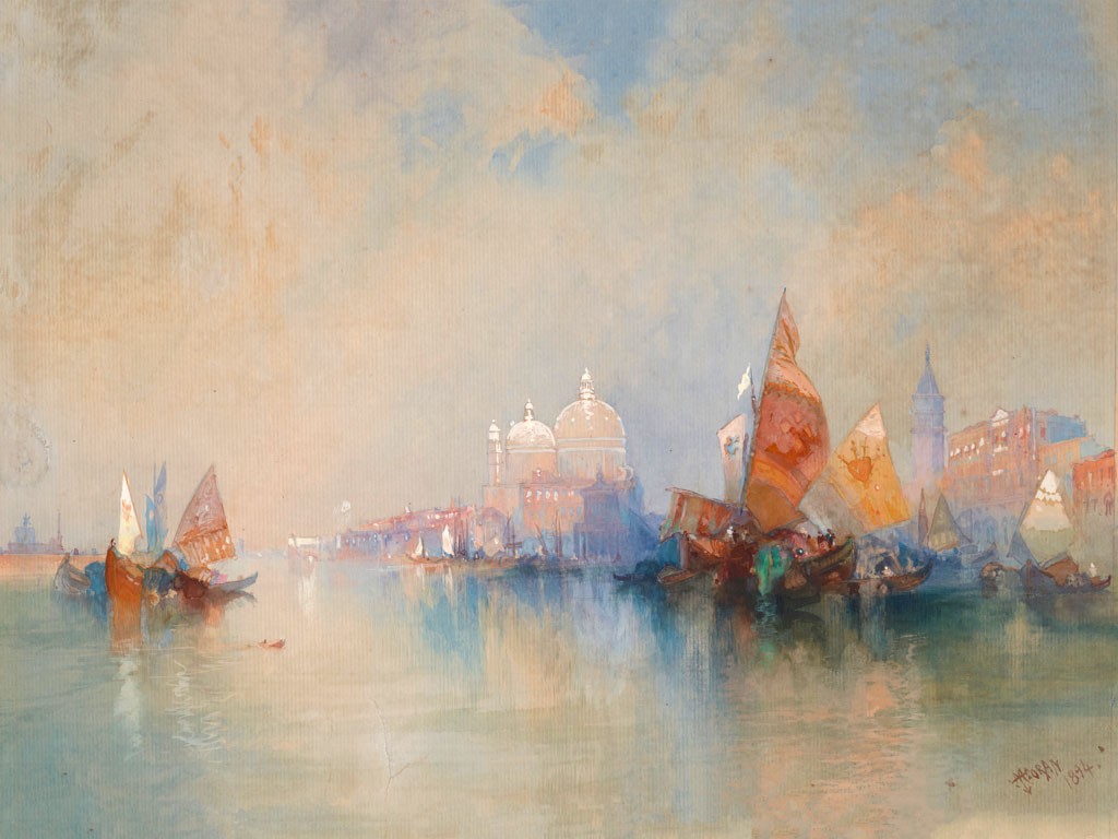 №2584 Venice, The Lagoon Looking toward Santa Maria della Salute, Thomas Moran. Μοναδικός πίνακας σε καμβά, με εντυπωσιακές χειροποίητες 3D πινελιές. Δημιουργείται αποκλειστικά για εσάς, κατόπιν παραγγελίας
