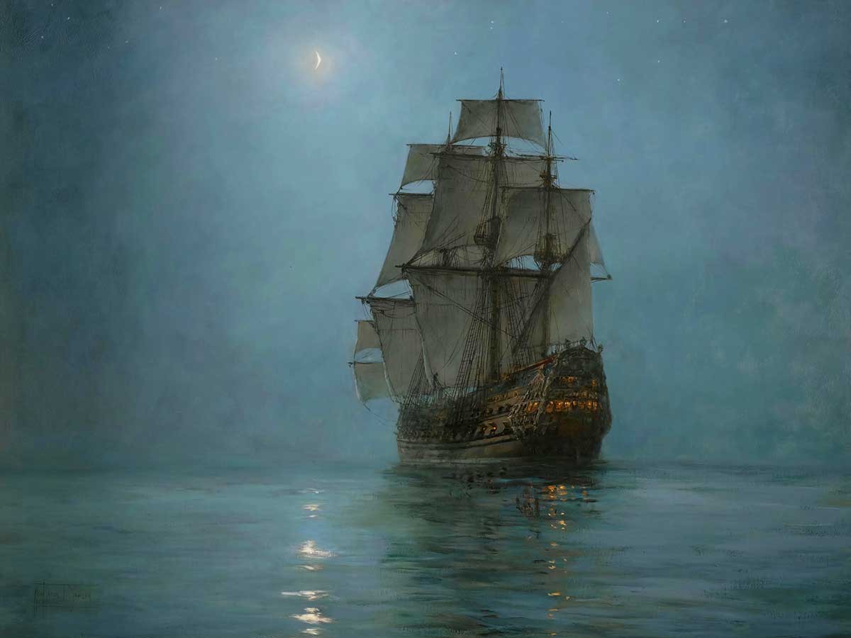 №2932 The Crescent Moon, Montague Dawson. Μοναδικός πίνακας σε καμβά, με εντυπωσιακές χειροποίητες 3D πινελιές. Δημιουργείται αποκλειστικά για εσάς, κατόπιν παραγγελίας
