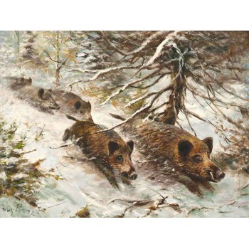 №3175 Wilhelm Lorenz - Wild boars running in the forest. Μοναδικός πίνακας σε καμβά, με εντυπωσιακές χειροποίητες 3D πινελιές. Δημιουργείται αποκλειστικά για εσάς, κατόπιν παραγγελίας