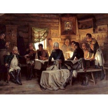 №3270 Kutuzov and his staff in the meeting at Fili village, before battle at Borodino, Napoleonic war. Μοναδικός πίνακας σε καμβά, με εντυπωσιακές χειροποίητες 3D πινελιές. Δημιουργείται αποκλειστικά για εσάς, κατόπιν παραγγελίας