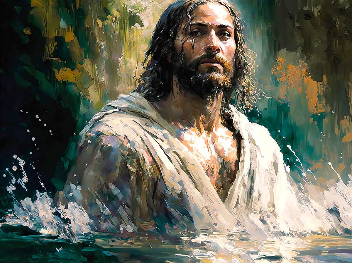 №3322 Jesus Christ in Jordan river 3. Μοναδικός πίνακας σε καμβά, με εντυπωσιακές χειροποίητες 3D πινελιές. Δημιουργείται αποκλειστικά για εσάς, κατόπιν παραγγελίας