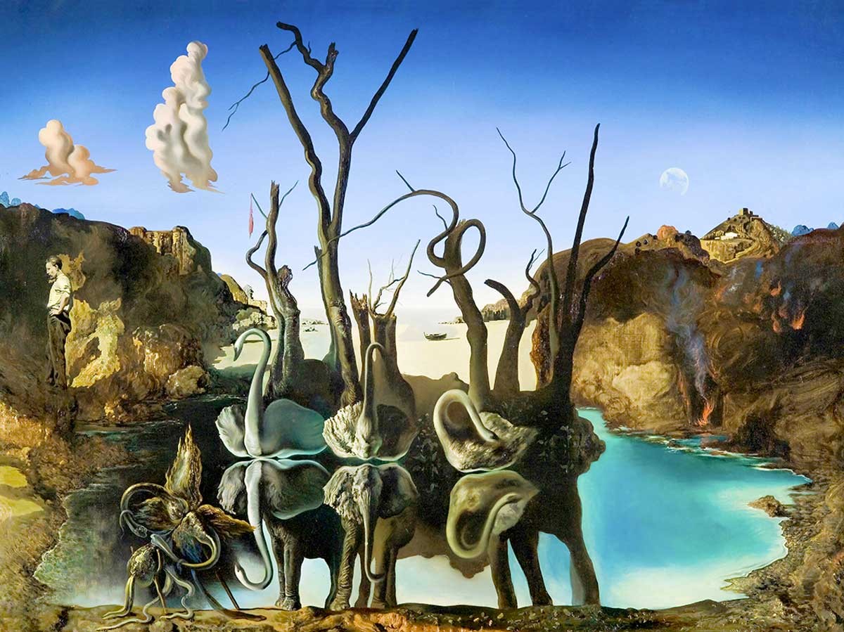 №3348 Salvador Dali - Swans Reflecting Elephants. Μοναδικός πίνακας σε καμβά, με εντυπωσιακές χειροποίητες 3D πινελιές. Δημιουργείται αποκλειστικά για εσάς, κατόπιν παραγγελίας