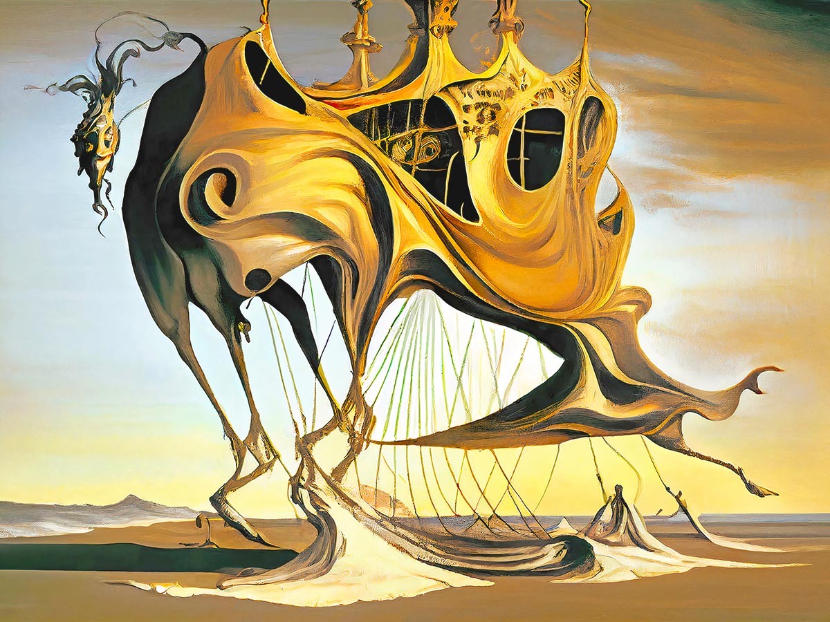 №3437 Desert trip with golden camel, inspired by Salvador Dali. Μοναδικός πίνακας σε καμβά, με εντυπωσιακές χειροποίητες 3D πινελιές. Δημιουργείται αποκλειστικά για εσάς, κατόπιν παραγγελίας