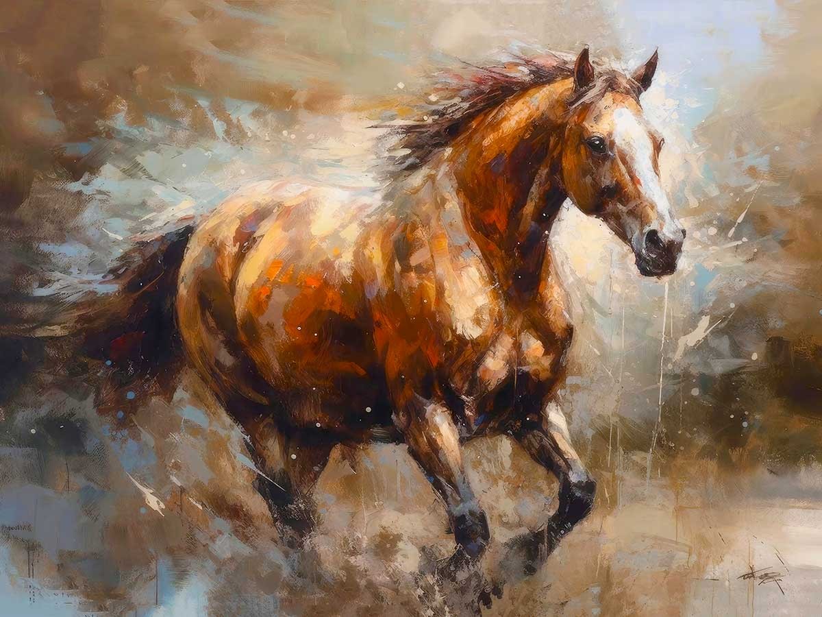 №3460 Horse in the wild. Μοναδικός πίνακας σε καμβά, με εντυπωσιακές χειροποίητες 3D πινελιές. Δημιουργείται αποκλειστικά για εσάς, κατόπιν παραγγελίας