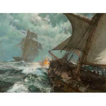 №3469 Night suspect, seabattle - Montague Dawson.  Μοναδικός πίνακας σε καμβά, με εντυπωσιακές χειροποίητες 3D πινελιές. Δημιουργείται αποκλειστικά για εσάς, κατόπιν παραγγελίας