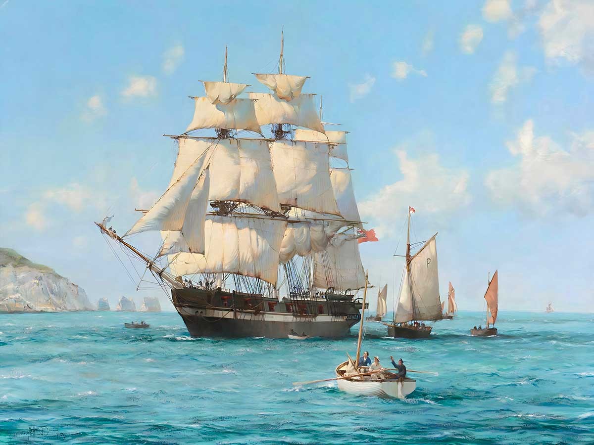 №3471 The Arrival The Thetis - Montague Dawson. Μοναδικός πίνακας σε καμβά, με εντυπωσιακές χειροποίητες 3D πινελιές. Δημιουργείται αποκλειστικά για εσάς, κατόπιν παραγγελίας