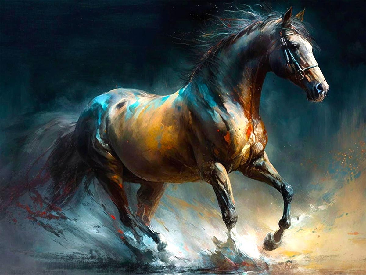 №3495 Wild horse on blue moon. Μοναδικός πίνακας σε καμβά, με εντυπωσιακές χειροποίητες 3D πινελιές. Δημιουργείται αποκλειστικά για εσάς, κατόπιν παραγγελίας