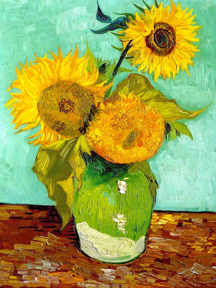 №3496 Three Sunflowers - Vincent Van Gogh. Μοναδικός πίνακας σε καμβά, με εντυπωσιακές χειροποίητες 3D πινελιές. Δημιουργείται αποκλειστικά για εσάς, κατόπιν παραγγελίας
