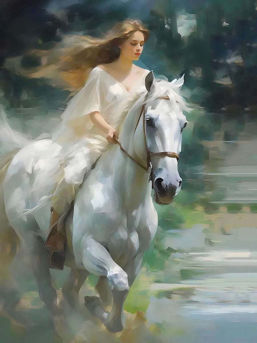 №3498 Beautiful made riding a white horse. Μοναδικός πίνακας σε καμβά, με εντυπωσιακές χειροποίητες 3D πινελιές. Δημιουργείται αποκλειστικά για εσάς, κατόπιν παραγγελίας