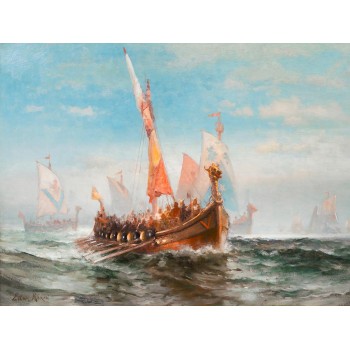 №3504 Arrival of the Vikings - Edward Moran. Μοναδικός πίνακας σε καμβά, με εντυπωσιακές χειροποίητες 3D πινελιές. Δημιουργείται αποκλειστικά για εσάς, κατόπιν παραγγελίας
