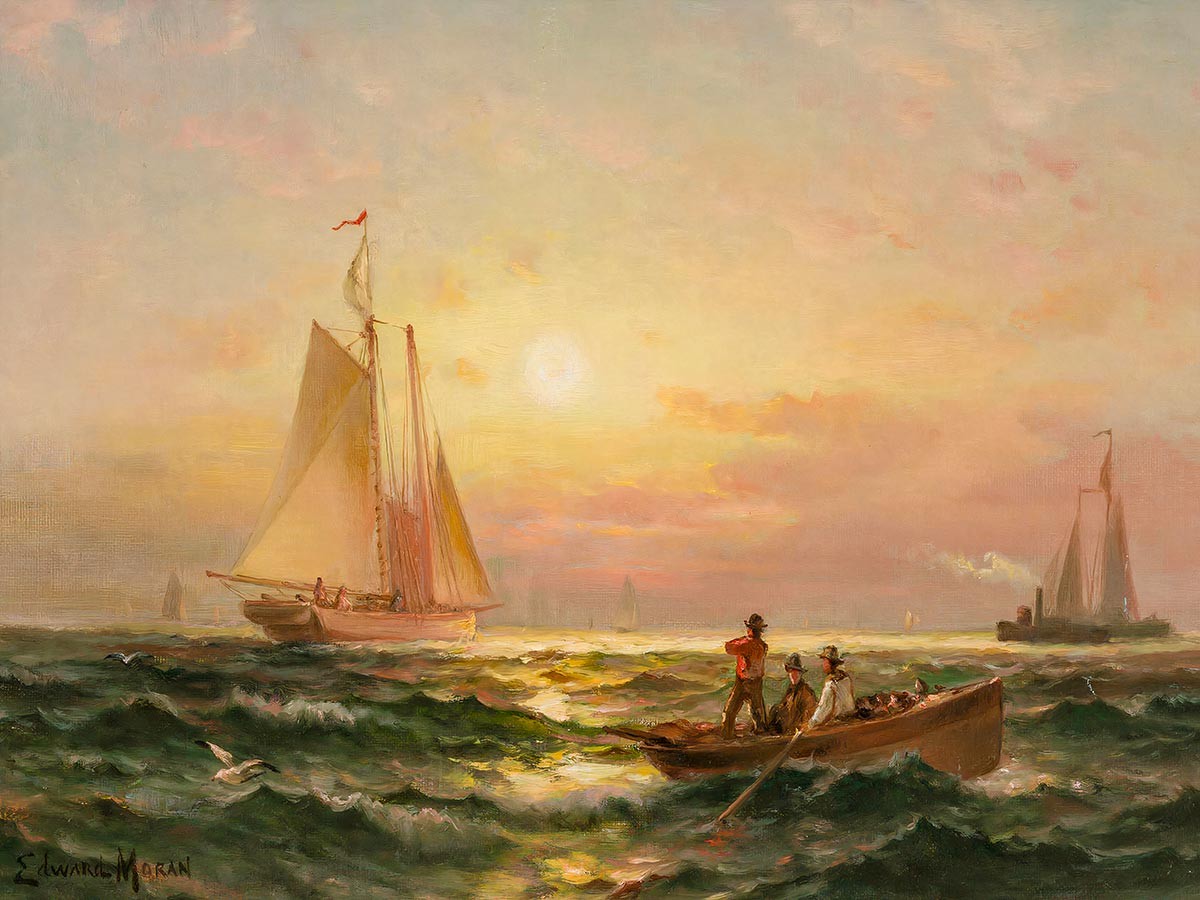 №3508 Shipping at Sunset - Edward Moran. Μοναδικός πίνακας σε καμβά, με εντυπωσιακές χειροποίητες 3D πινελιές. Δημιουργείται αποκλειστικά για εσάς, κατόπιν παραγγελίας
