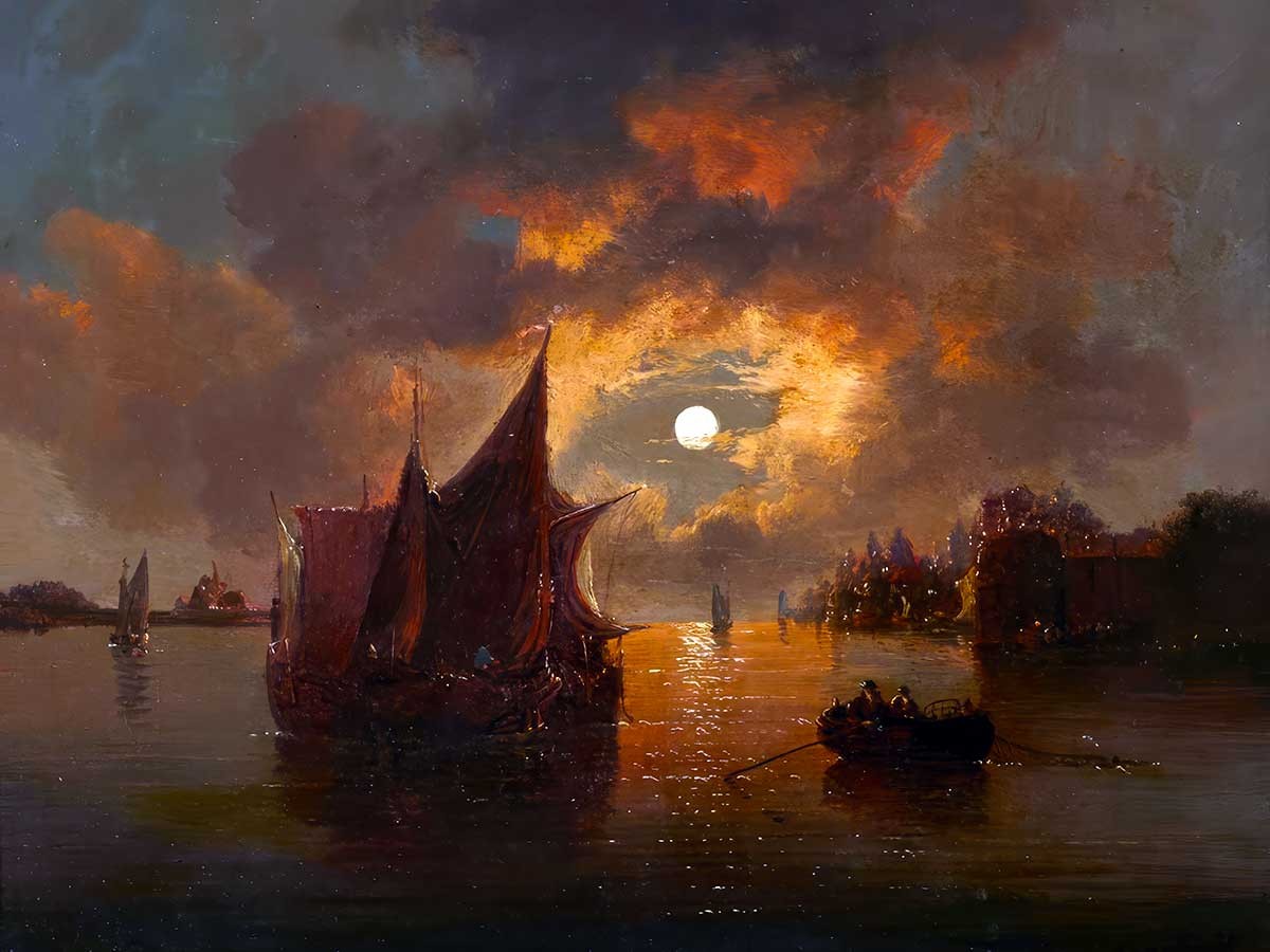 №3528 Moon over the sea, night seascape - Johan Barthold Jongkind. Μοναδικός πίνακας σε καμβά, με εντυπωσιακές χειροποίητες 3D πινελιές. Δημιουργείται αποκλειστικά για εσάς, κατόπιν παραγγελίας