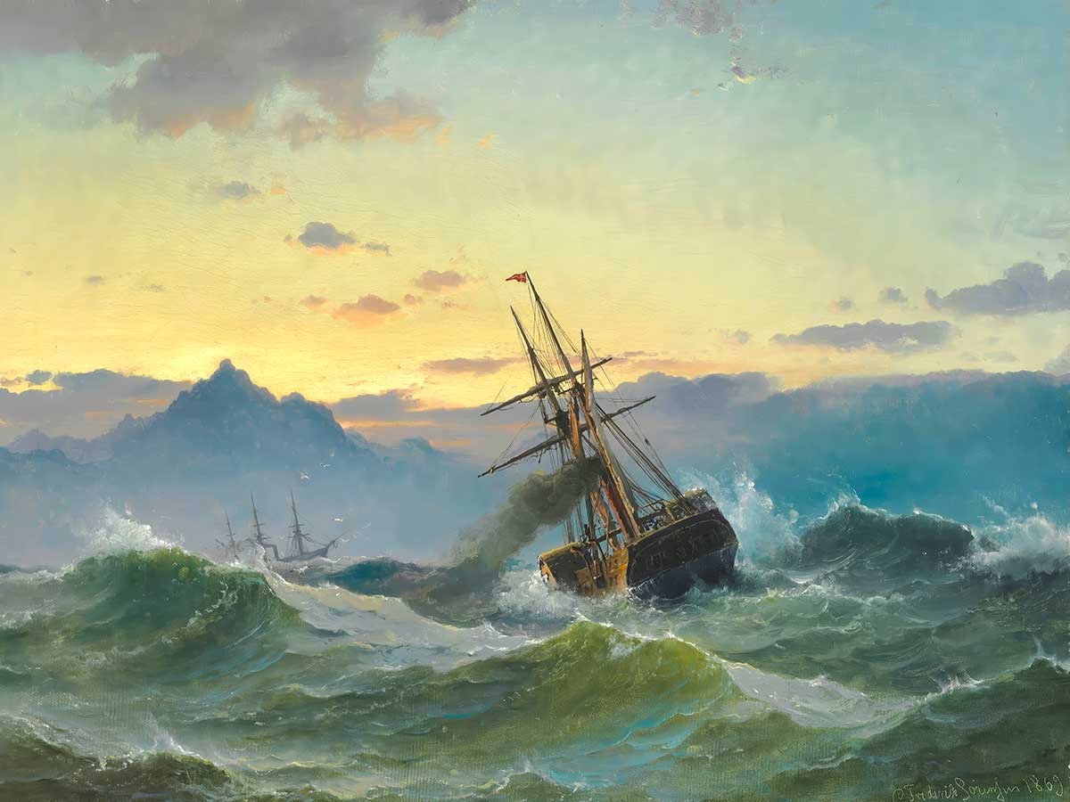 №3607 Paddle steamer in a heavy sea - Carl Frederik Sorensen. Μοναδικός πίνακας σε καμβά, με εντυπωσιακές χειροποίητες 3D πινελιές. Δημιουργείται αποκλειστικά για εσάς, κατόπιν παραγγελίας