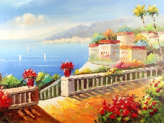 №0256, Sea porch. Μοναδικός πίνακας σε καμβά, με εντυπωσιακές χειροποίητες 3D πινελιές. Δημιουργείται αποκλειστικά για εσάς, κατόπιν παραγγελίας